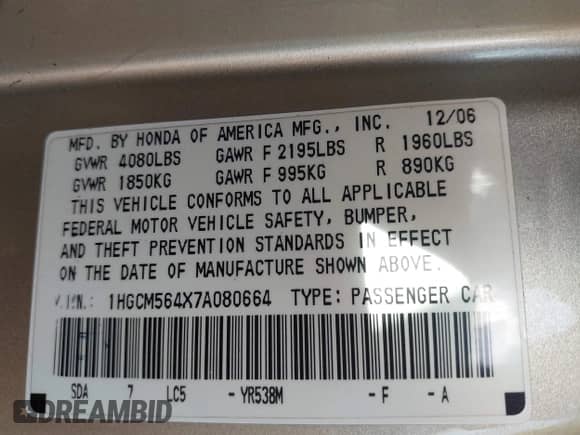 2007 Honda Accord LX с VIN 1HGCM564X7A080664, выставлен на аукционе IAAI как лот 43263447 с пробегом 100 906 миль миль и . История ставок и продаж доступна на DreamBid. Изображение 9.