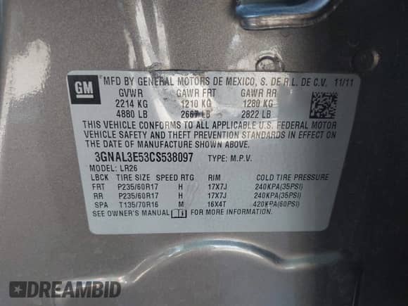 2012 Chevrolet Captiva Sport LT с VIN 3GNAL3E53CS538097, выставлен на аукционе IAAI как лот 42224385 с пробегом 122 068 миль миль и . История ставок и продаж доступна на DreamBid. Изображение 9.