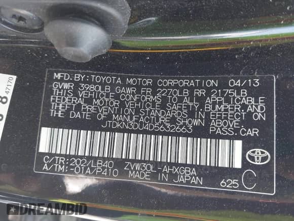 2013 Toyota Prius One с VIN JTDKN3DU4D5632663, выставлен на аукционе IAAI как лот 42827746 с пробегом 129 446 миль миль и . История ставок и продаж доступна на DreamBid. Изображение 9.