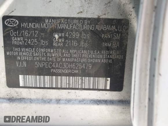 2013 Hyundai Sonata SE with VIN 5NPEC4AC3DH625479, listed as a IAAI auction lot 43080966 with 145,369 mi miles and . Bid and sale history available at DreamBid. Image 9.