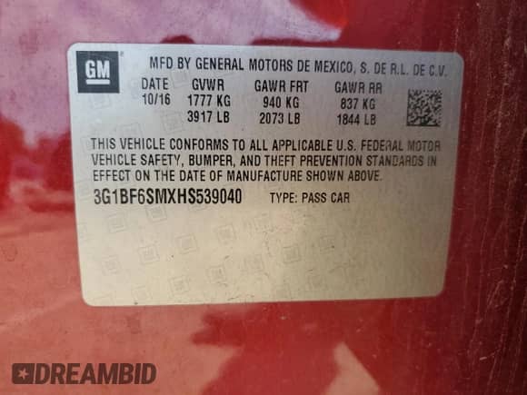 2017 Chevrolet Cruze Premier с VIN 3G1BF6SMXHS539040, выставлен на аукционе Copart как лот 64855595 с пробегом Не указан миль и Списание • Salvage title. История ставок и продаж доступна на DreamBid. Изображение 12.