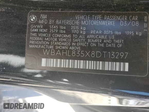 2008 BMW 7 Series 750i with VIN WBAHL835X8DT13297, listed as a Copart auction lot 61523864 with Not provided miles and Salvage title. Bid and sale history available at DreamBid. Image 12.