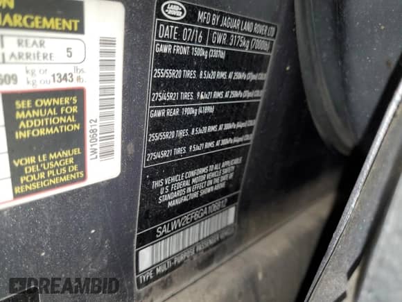 2016 Land Rover Range Rover Sport Autobiography with VIN SALWV2EF6GA106812, listed as a Copart auction lot 63160415 with 226,929 mi miles and Clean title. Bid and sale history available at DreamBid. Image 13.