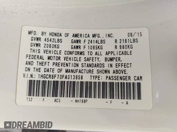 2015 Honda Accord Touring z VIN 1HGCR6F70FA013958, wystawiony jako IAAI lot #42919174 z przebiegiem 195 994 mil mil oraz . Historia ofert i sprzedaży dostępna na DreamBid. Obrazek 9.