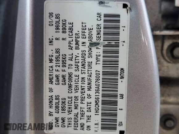 2006 Honda Accord VP с VIN 1HGCM56136A076007, выставлен на аукционе Copart как лот 60069025 с пробегом 221 463 миль миль и На запчасти • Non repairable. История ставок и продаж доступна на DreamBid. Изображение 12.