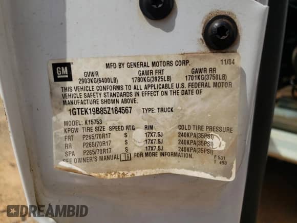 2005 GMC Sierra 1500 SLE z VIN 1GTEK19B85Z184567, wystawiony jako Copart lot #69142805 z przebiegiem Nie podano mil oraz Szkoda całkowita • Salvage title. Historia ofert i sprzedaży dostępna na DreamBid. Obrazek 12.