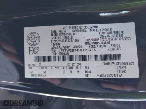 2017 Ford F-250 Lariat z VIN 1FT7W2BT4HED13714, wystawiony jako IAAI lot #40995061 z przebiegiem 156 645 mil mil oraz . Historia ofert i sprzedaży dostępna na DreamBid. Obrazek 9.