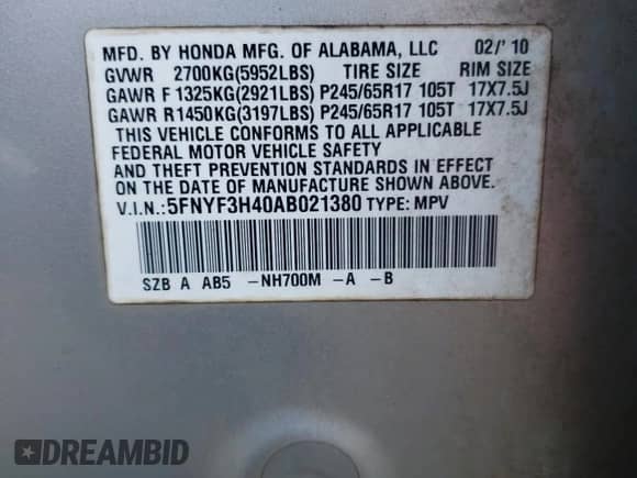 2010 Honda Pilot EX with VIN 5FNYF3H40AB021380, listed as a Copart auction lot 69148845 with 176,152 mi miles and Salvage title. Bid and sale history available at DreamBid. Image 13.