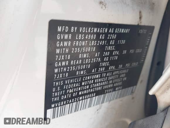 2012 Volkswagen Tiguan S с VIN WVGBV7AX2CW588558, выставлен на аукционе IAAI как лот 42359015 с пробегом 200 070 миль миль и . История ставок и продаж доступна на DreamBid. Изображение 9.