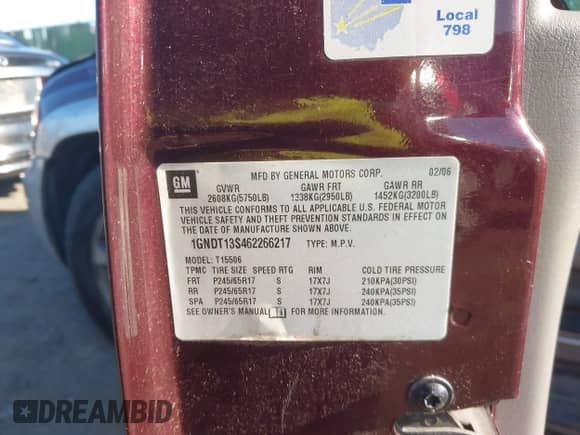 2006 Chevrolet TrailBlazer LT z VIN 1GNDT13S462266217, wystawiony jako IAAI lot #42801284 z przebiegiem 176 604 mil mil oraz . Historia ofert i sprzedaży dostępna na DreamBid. Obrazek 9.