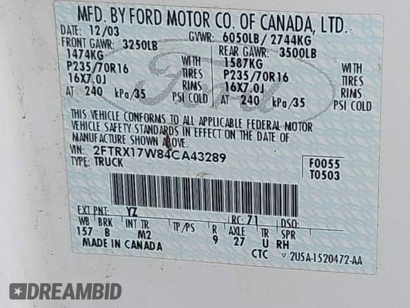 2004 Ford F-150 XL with VIN 2FTRX17W84CA43289, listed as a IAAI auction lot 41248462 with Not provided miles and . Bid and sale history available at DreamBid. Image 9.