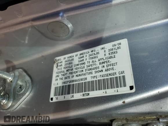 2009 Honda Accord EX-L с VIN 1HGCP26889A029028, выставлен на аукционе Copart как лот 82699495 с пробегом 251 326 миль миль и Чистый • Clean title. История ставок и продаж доступна на DreamBid. Изображение 12.