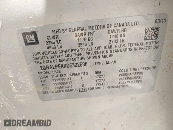 2013 Chevrolet Equinox LT with VIN 2GNALPEK9D6322686, listed as a IAAI auction lot 42977972 with 129,261 mi miles and . Bid and sale history available at DreamBid. Image 9.