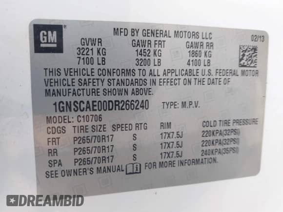 2013 Chevrolet Tahoe LS with VIN 1GNSCAE00DR266240, listed as a IAAI auction lot 42666283 with 144,846 mi miles and . Bid and sale history available at DreamBid. Image 9.