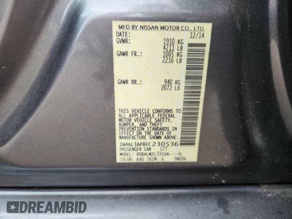 2015 Nissan Altima SV с VIN 1N4AL3AP8FC230536, выставлен на аукционе Copart как лот 81941825 с пробегом 132 695 миль миль и Списание • Salvage title. История ставок и продаж доступна на DreamBid. Изображение 12.