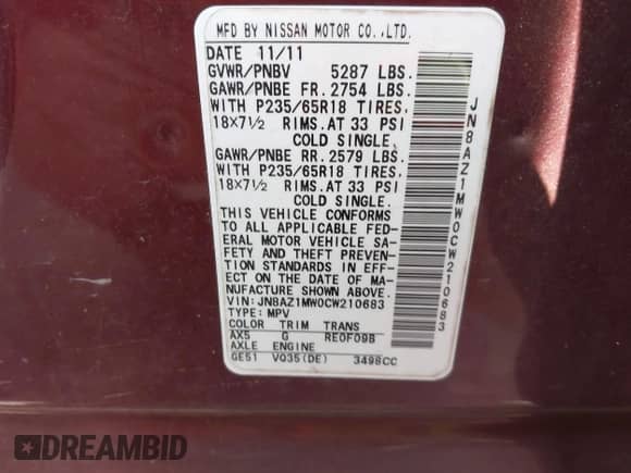 2012 Nissan Murano S z VIN JN8AZ1MW0CW210683, wystawiony jako IAAI lot #42506598 z przebiegiem 213 491 mil mil oraz . Historia ofert i sprzedaży dostępna na DreamBid. Obrazek 9.