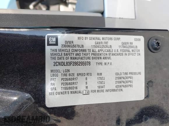2008 Chevrolet Equinox LTZ z VIN 2CNDL83F286295978, wystawiony jako IAAI lot #43414863 z przebiegiem 82 400 mil mil oraz . Historia ofert i sprzedaży dostępna na DreamBid. Obrazek 9.