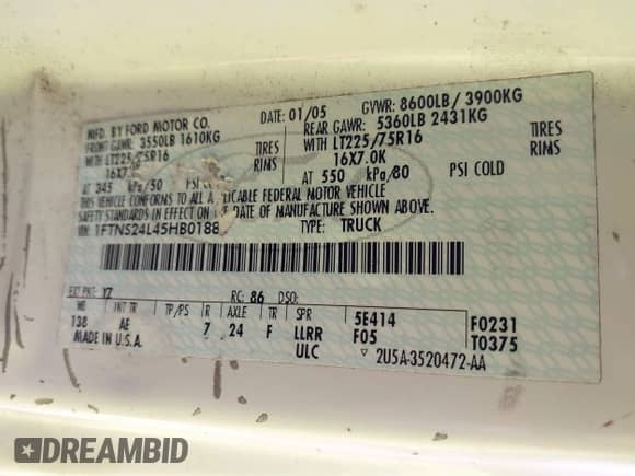 2005 Ford Econoline Cargo with VIN 1FTNS24L45HB01888, listed as a IAAI auction lot 41837403 with 150,995 mi miles and . Bid and sale history available at DreamBid. Image 9.