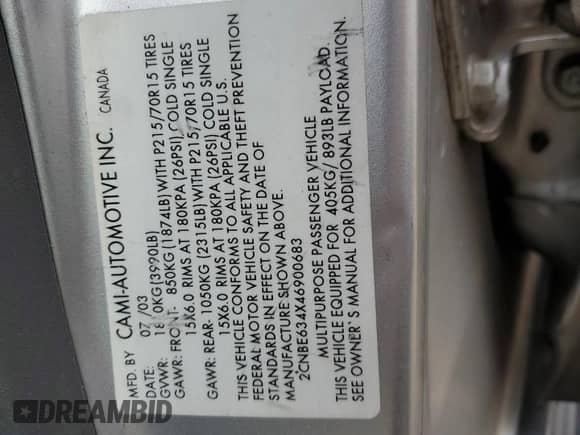 2004 Chevrolet Tracker LT with VIN 2CNBE634X46900683, listed as a Copart auction lot 88601815 with 146,915 mi miles and Salvage title. Bid and sale history available at DreamBid. Image 15.