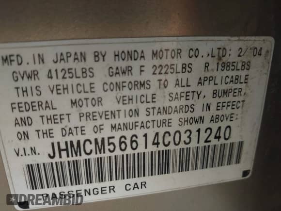 2004 Honda Accord EX with VIN JHMCM56614C031240, listed as a IAAI auction lot 43145132 with 135,971 mi miles and . Bid and sale history available at DreamBid. Image 9.