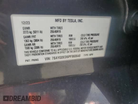 2023 Tesla Model Y with VIN 7SAYGDED6PF960648, listed as a Copart auction lot 67447254 with 18,536 mi miles and Salvage title. Bid and sale history available at DreamBid. Image 12.