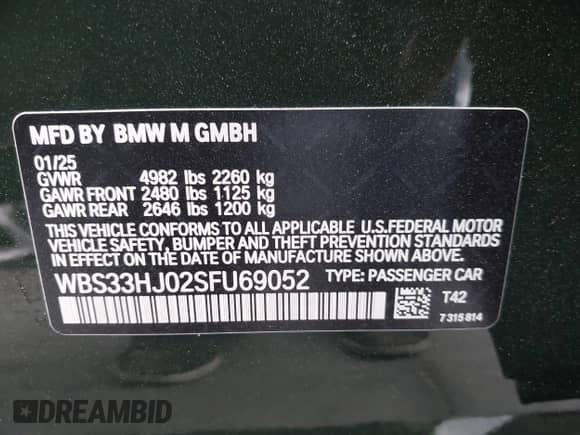 2025 BMW M3 Competition xDrive with VIN WBS33HJ02SFU69052, listed as a IAAI auction lot 42430291 with Not provided miles and . Bid and sale history available at DreamBid. Image 9.