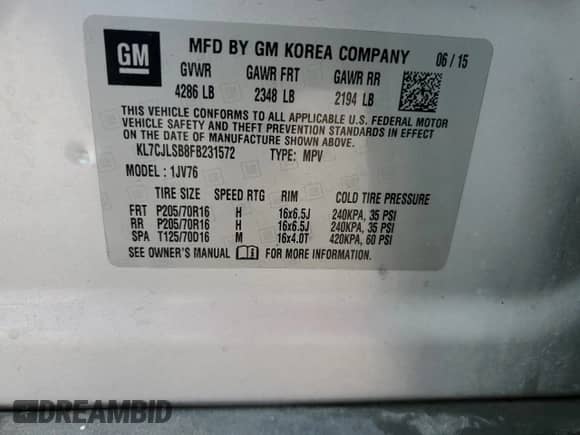 2015 Chevrolet Trax LT с VIN KL7CJLSB8FB231572, выставлен на аукционе Copart как лот 43574065 с пробегом 111 562 миль миль и Списание • Salvage title. История ставок и продаж доступна на DreamBid. Изображение 15.