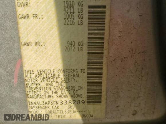 2015 Nissan Altima SL with VIN 1N4AL3AP3FN338289, listed as a Copart auction lot 82286675 with 209,538 mi miles and Clean title. Bid and sale history available at DreamBid. Image 12.