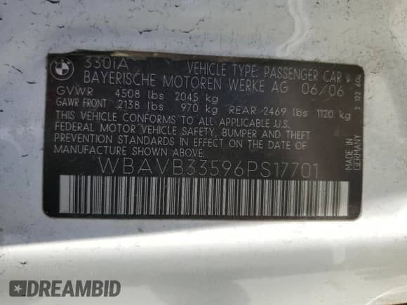 2006 BMW 3 Series 330i с VIN WBAVB33596PS17701, выставлен на аукционе Copart как лот 86074485 с пробегом 117 606 миль миль и Чистый • Clean title. История ставок и продаж доступна на DreamBid. Изображение 12.