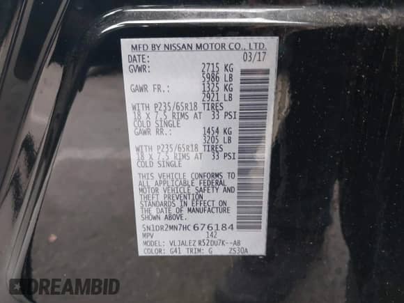 2017 Nissan Pathfinder S with VIN 5N1DR2MN7HC676184, listed as a IAAI auction lot 43006184 with 80,395 mi miles and . Bid and sale history available at DreamBid. Image 9.