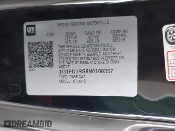 2022 Chevrolet Camaro 2LT z VIN 1G1FD1RS8N0108357, wystawiony jako IAAI lot #43224987 z przebiegiem 51 583 mil mil oraz . Historia ofert i sprzedaży dostępna na DreamBid. Obrazek 9.