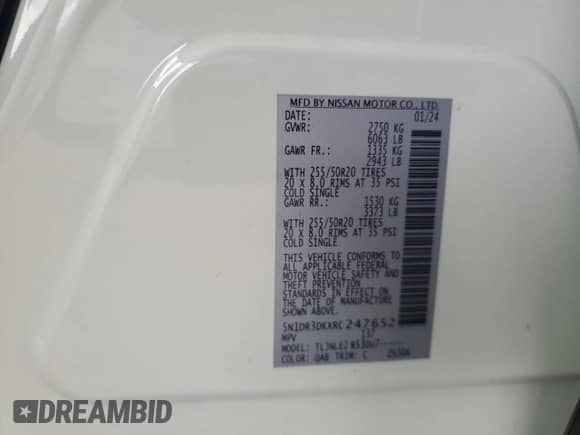 2024 Nissan Pathfinder Platinum with VIN 5N1DR3DKXRC247652, listed as a Copart auction lot 67586155 with Not provided miles and Salvage title. Bid and sale history available at DreamBid. Image 12.