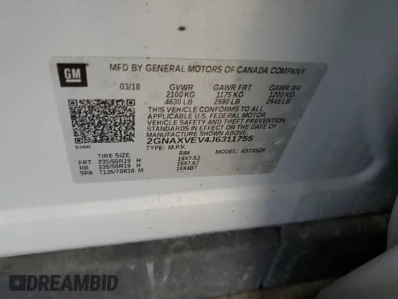 2018 Chevrolet Equinox Premier with VIN 2GNAXVEV4J6311755, listed as a Copart auction lot 67010725 with 104,590 mi miles and Salvage title. Bid and sale history available at DreamBid. Image 13.