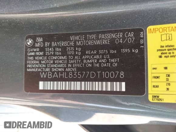 2007 BMW 7 Series 750i with VIN WBAHL83577DT10078, listed as a IAAI auction lot 41462116 with 151,826 mi miles and . Bid and sale history available at DreamBid. Image 9.