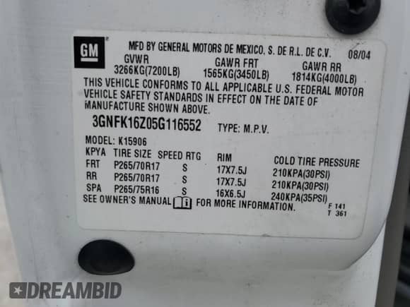 2005 Chevrolet Suburban Z71 с VIN 3GNFK16Z05G116552, выставлен на аукционе Copart как лот 57557684 с пробегом 233 308 миль миль и Списание • Salvage title. История ставок и продаж доступна на DreamBid. Изображение 13.