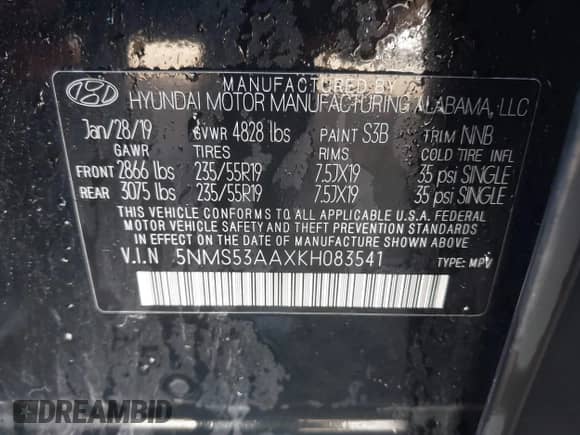 2019 Hyundai Santa Fe Ultimate с VIN 5NMS53AAXKH083541, выставлен на аукционе IAAI как лот 42081041 с пробегом 87 504 миль миль и . История ставок и продаж доступна на DreamBid. Изображение 9.