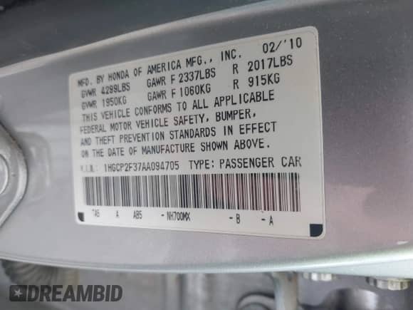 2010 Honda Accord LX с VIN 1HGCP2F37AA094705, выставлен на аукционе IAAI как лот 42229816 с пробегом 239 206 миль миль и . История ставок и продаж доступна на DreamBid. Изображение 9.