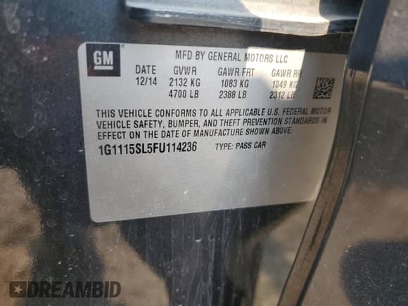 2015 Chevrolet Impala LT z VIN 1G1115SL5FU114236, wystawiony jako Copart lot #69358145 z przebiegiem 109 053 mil mil oraz Szkoda całkowita • Salvage title. Historia ofert i sprzedaży dostępna na DreamBid. Obrazek 12.