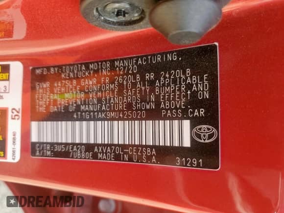 2021 Toyota Camry SE Nightshade z VIN 4T1G11AK9MU425020, wystawiony jako Copart lot #71685455 z przebiegiem 47 339 mil mil oraz Szkoda całkowita • Salvage title. Historia ofert i sprzedaży dostępna na DreamBid. Obrazek 12.