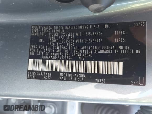 2025 Toyota Corolla Cross L with VIN 7MUAAAAG4SV120764, listed as a IAAI auction lot 43127261 with 6,567 mi miles and . Bid and sale history available at DreamBid. Image 9.