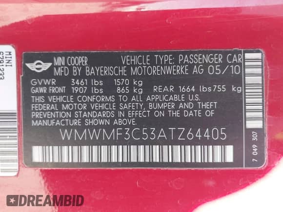 2010 MINI Hardtop with VIN WMWMF3C53ATZ64405, listed as a IAAI auction lot 42673213 with 135,765 mi miles and . Bid and sale history available at DreamBid. Image 9.