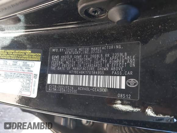 2007 Toyota Camry LE with VIN 4T1BE46K17U184955, listed as a IAAI auction lot 43519612 with 168,076 mi miles and . Bid and sale history available at DreamBid. Image 9.