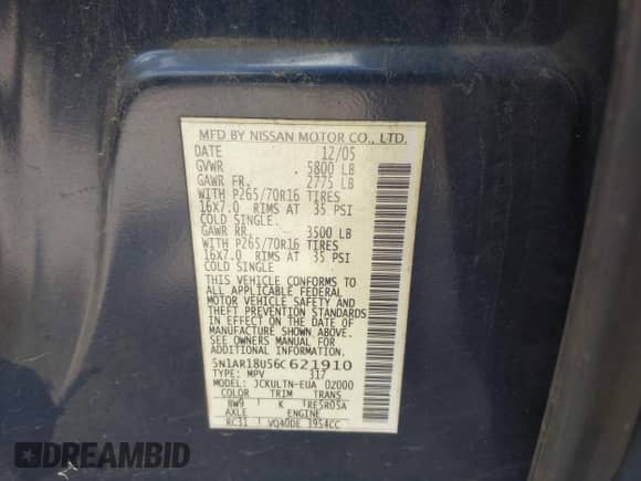 2006 Nissan Pathfinder SE z VIN 5N1AR18U56C621910, wystawiony jako IAAI lot #42391425 z przebiegiem 177 477 mil mil oraz . Historia ofert i sprzedaży dostępna na DreamBid. Obrazek 9.