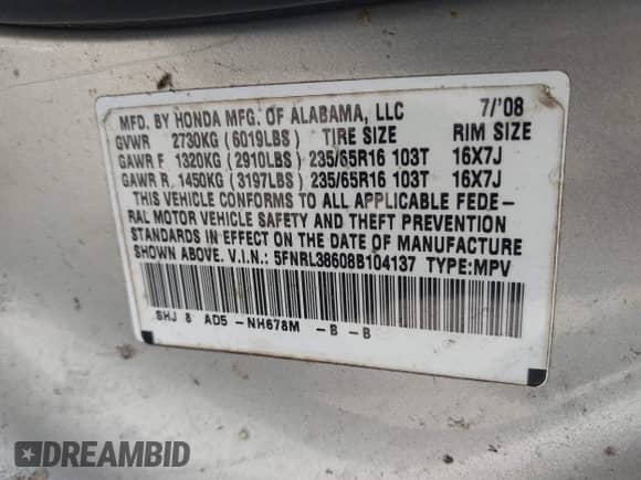 2008 Honda Odyssey EX-L with VIN 5FNRL38608B104137, listed as a IAAI auction lot 43284315 with 235,377 mi miles and . Bid and sale history available at DreamBid. Image 9.