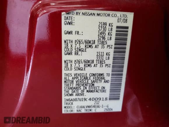 2009 Nissan Frontier SE with VIN 1N6AD07U19C400918, listed as a Copart auction lot 63518385 with 138,227 mi miles and Salvage title. Bid and sale history available at DreamBid. Image 13.