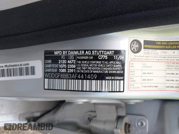 2010 Mercedes-Benz C 300 Sport with VIN WDDGF8BB3AF441409, listed as a IAAI auction lot 43012007 with 59,895 mi miles and . Bid and sale history available at DreamBid. Image 9.