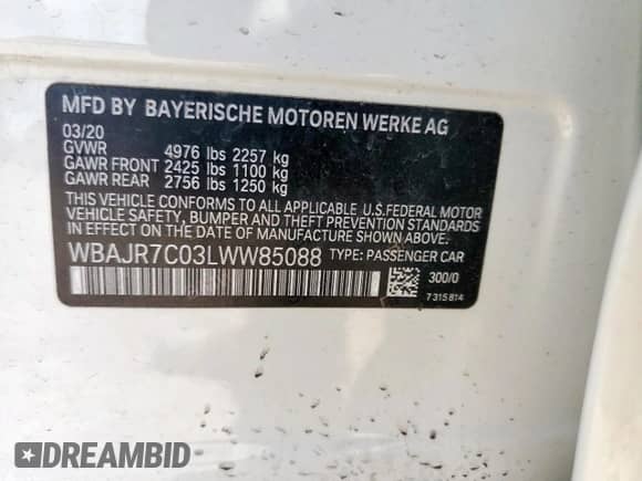 2020 BMW 5 Series 530i xDrive with VIN WBAJR7C03LWW85088, listed as a Copart auction lot 68526175 with 60,696 mi miles and Salvage title. Bid and sale history available at DreamBid. Image 13.