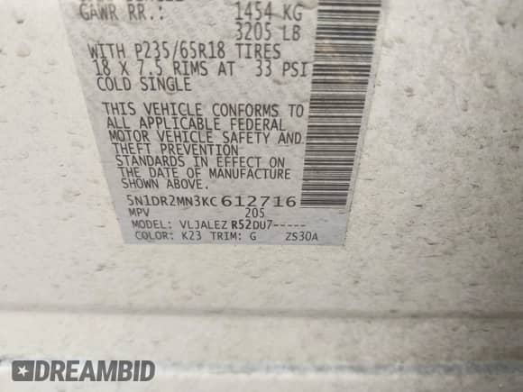 2019 Nissan Pathfinder S with VIN 5N1DR2MN3KC612716, listed as a IAAI auction lot 42157160 with 248,349 mi miles and . Bid and sale history available at DreamBid. Image 9.