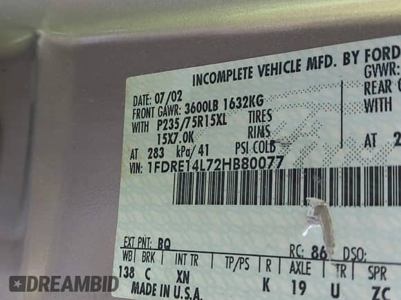 2002 Ford Econoline Cargo Recreational with VIN 1FDRE14L72HB80077, listed as a IAAI auction lot 42626721 with 218,830 mi miles and . Bid and sale history available at DreamBid. Image 9.
