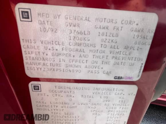 1993 Chevrolet Corvette with VIN 1G1YY23PXP5104890, listed as a Copart auction lot 82262124 with 82,698 mi miles and Clean title. Bid and sale history available at DreamBid. Image 10.